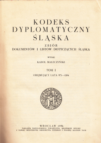 Kodeks Dyplomatyczny Śląska t. 1
