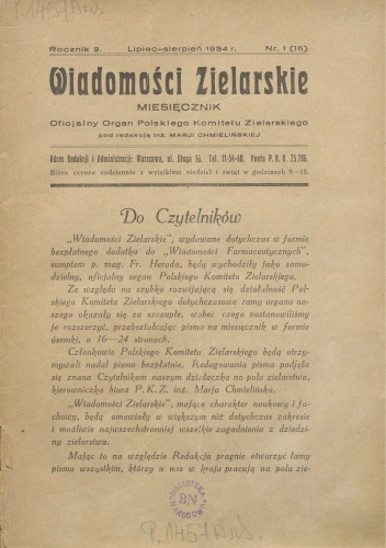 Wiadomości Zielarskie rok 1934 nr 1 (16)
